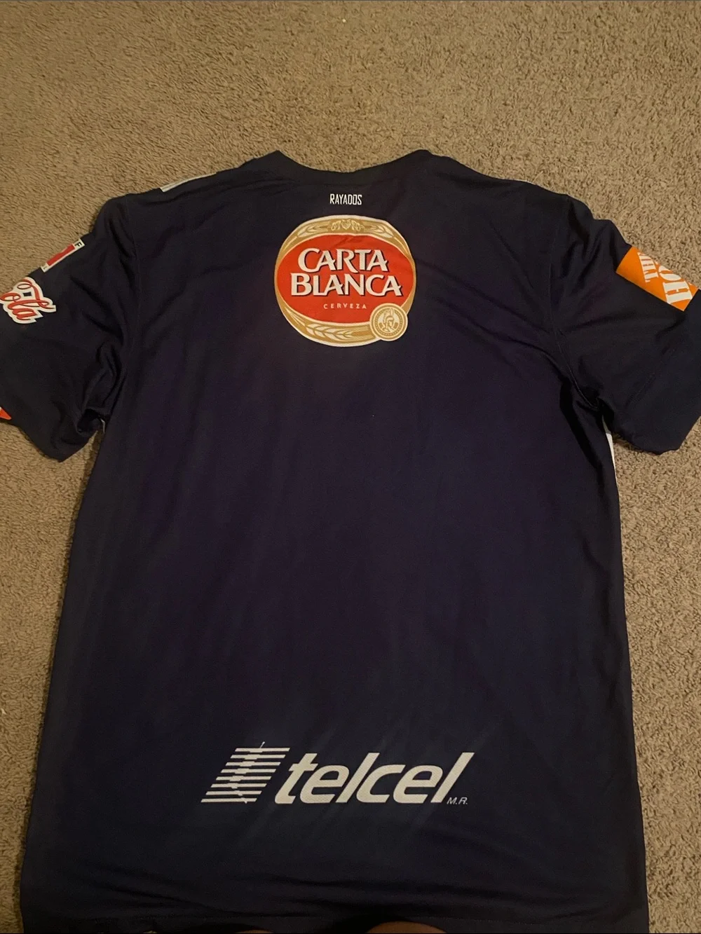 Nike Kids Monterrey Navy and White Striped Soccer Jersey with Red Sponsor Logo